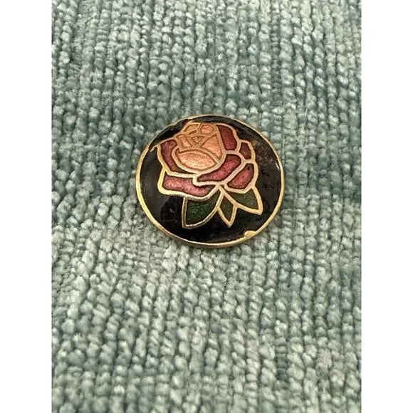 Vintage Round Cloisonne Rose Stud Earrings Button Style Rose Pink Enameled EUC - Picture 3 of 5
